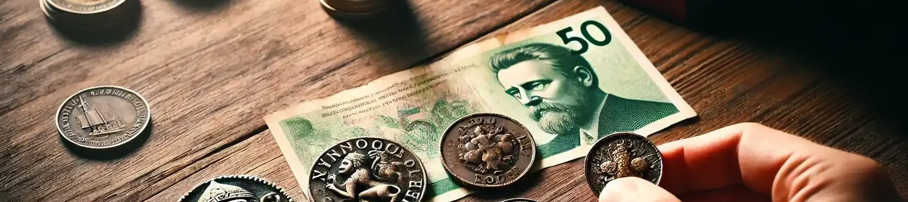 Danish money coins are lying on the table side by side.