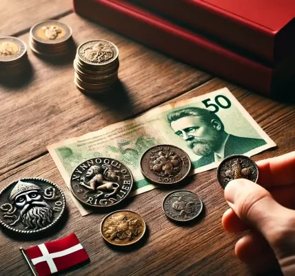 Danish money coins are lying on the table side by side.