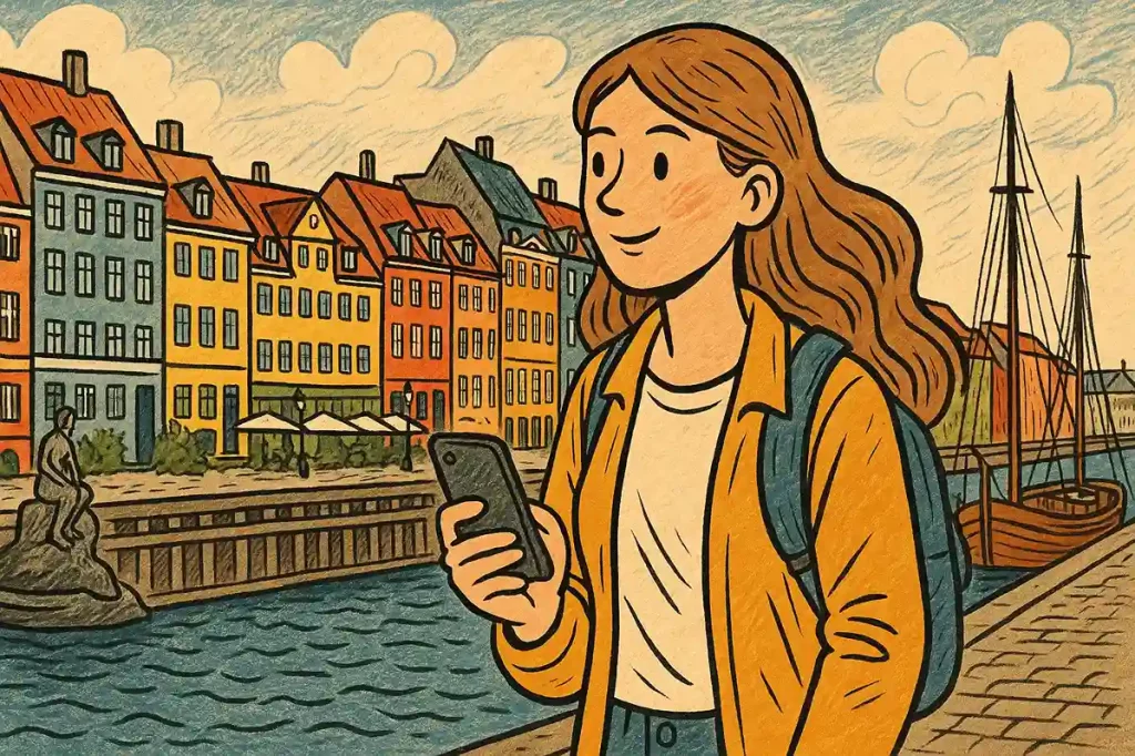 A young woman walks around Copenhagen with a smartphone in her hand.