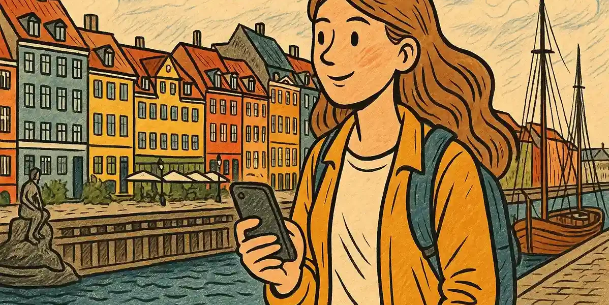 A young woman walks around Copenhagen with a smartphone in her hand.