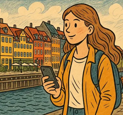 A young woman walks around Copenhagen with a smartphone in her hand.