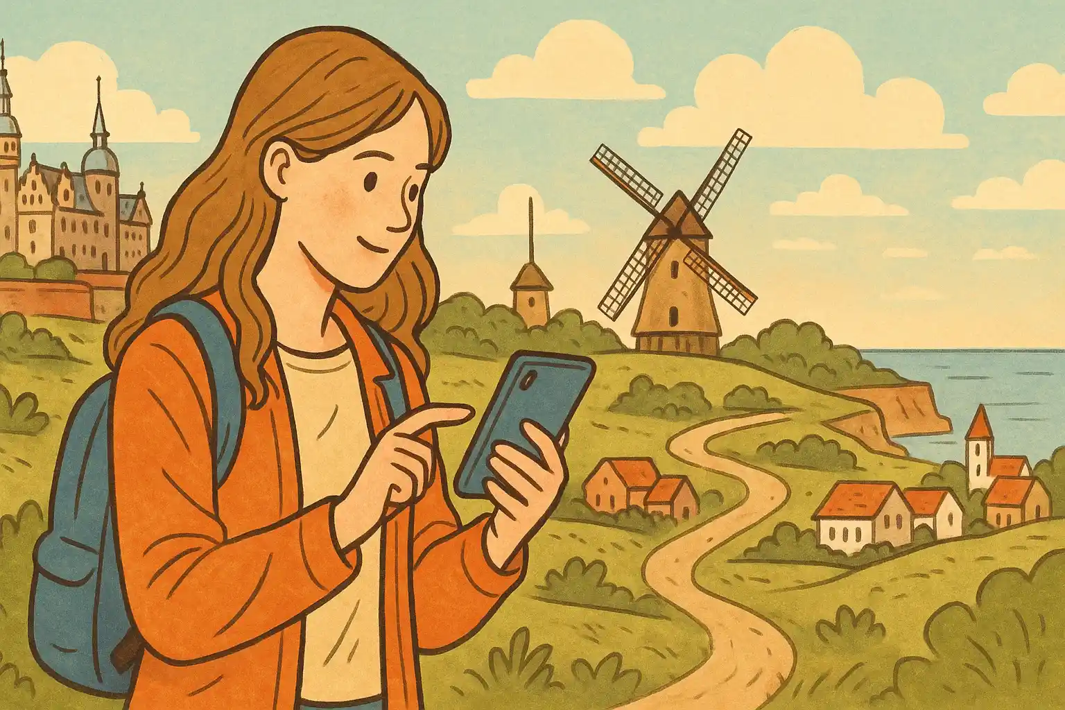 A young woman walks around Copenhagen with a smartphone in her hand.