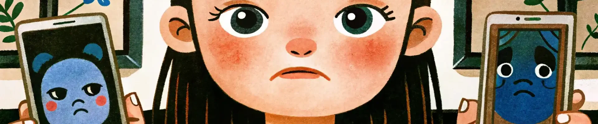 the girl holds two phones in both hands and doesn't know which one to look at, so she has a sad face