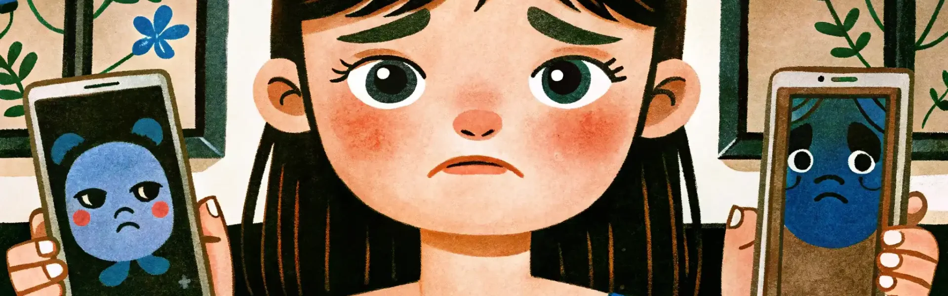 the girl holds two phones in both hands and doesn't know which one to look at, so she has a sad face