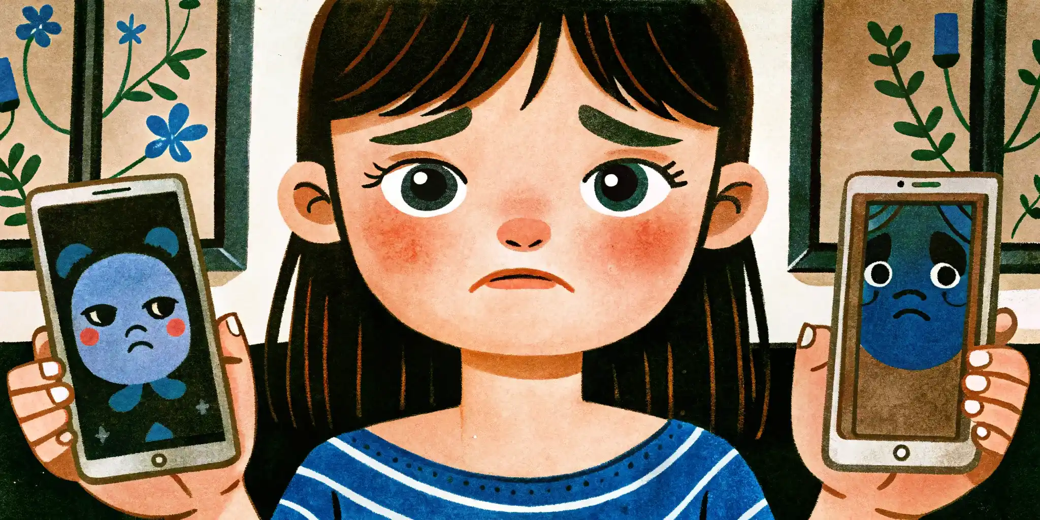 the girl holds two phones in both hands and doesn't know which one to look at, so she has a sad face
