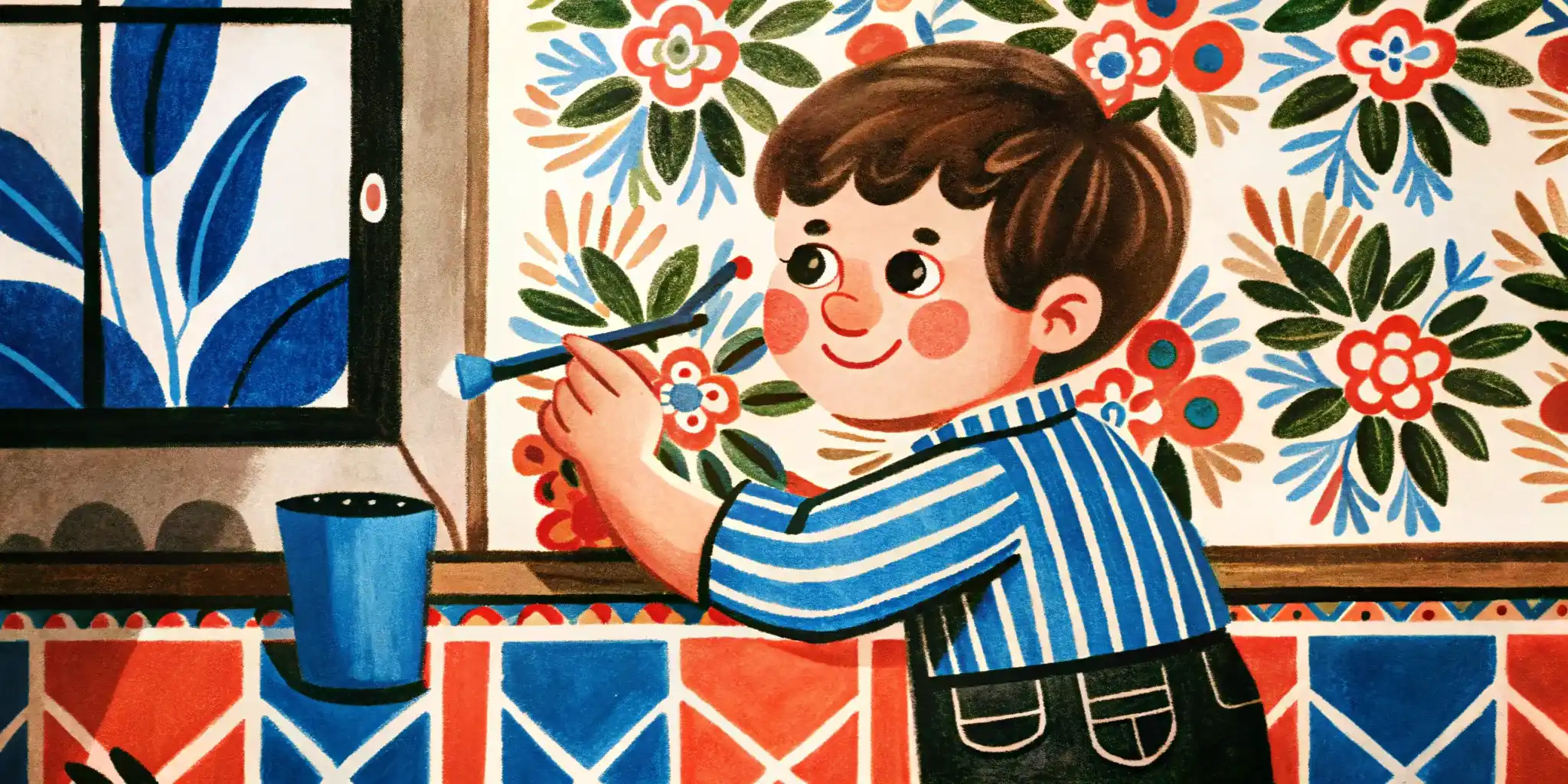 a boy paints on the canvas