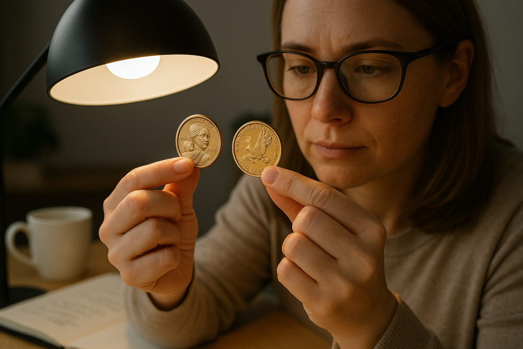 A woman collector examines two Sacagawea dollars under a desk lamp.