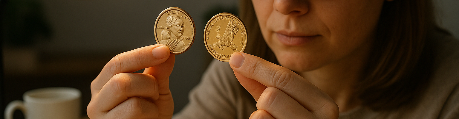 A woman collector examines two Sacagawea dollars under a desk lamp.