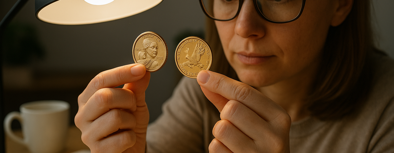 A woman collector examines two Sacagawea dollars under a desk lamp.