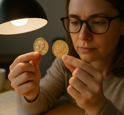 A woman collector examines two Sacagawea dollars under a desk lamp.