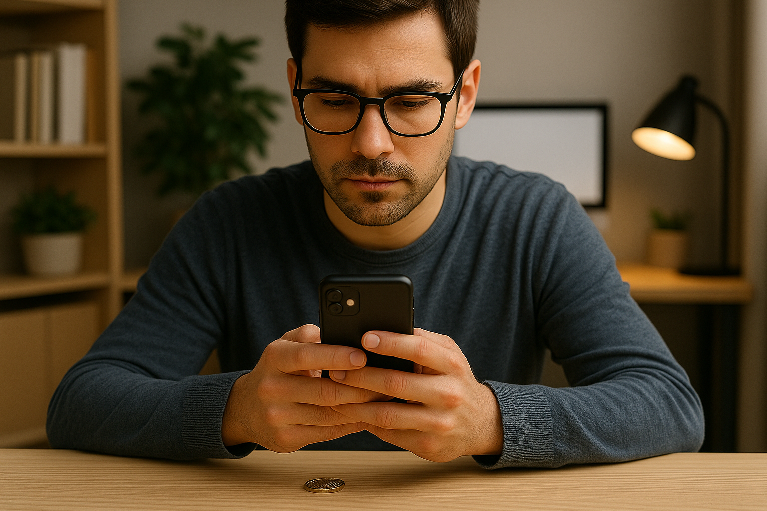 A young man in glasses records information about a Sacagawea Dollar in the Coin ID Scanner app, with the coin resting on the desk in front of him.