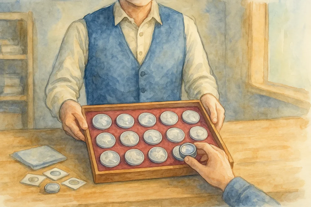 A dealer shows a tray of modern silver coins to a buyer.