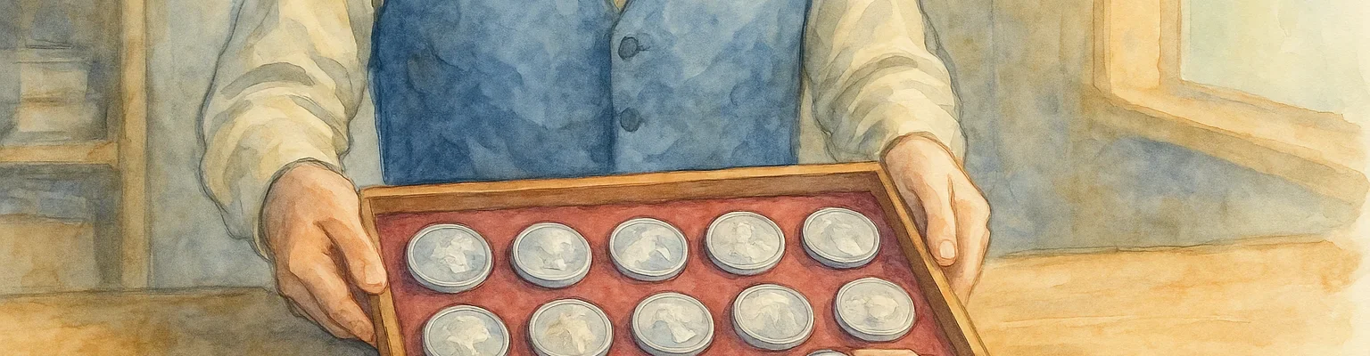 A dealer shows a tray of modern silver coins to a buyer.