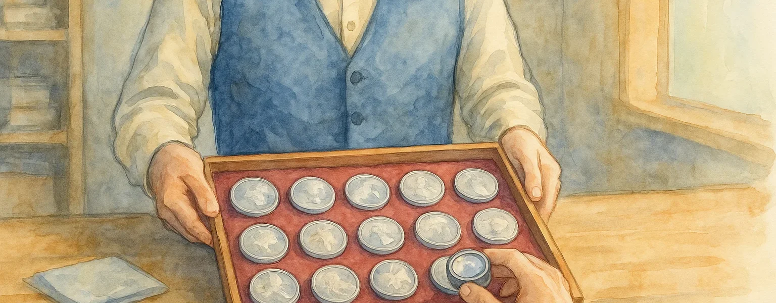 A dealer shows a tray of modern silver coins to a buyer.
