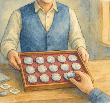 A dealer shows a tray of modern silver coins to a buyer.