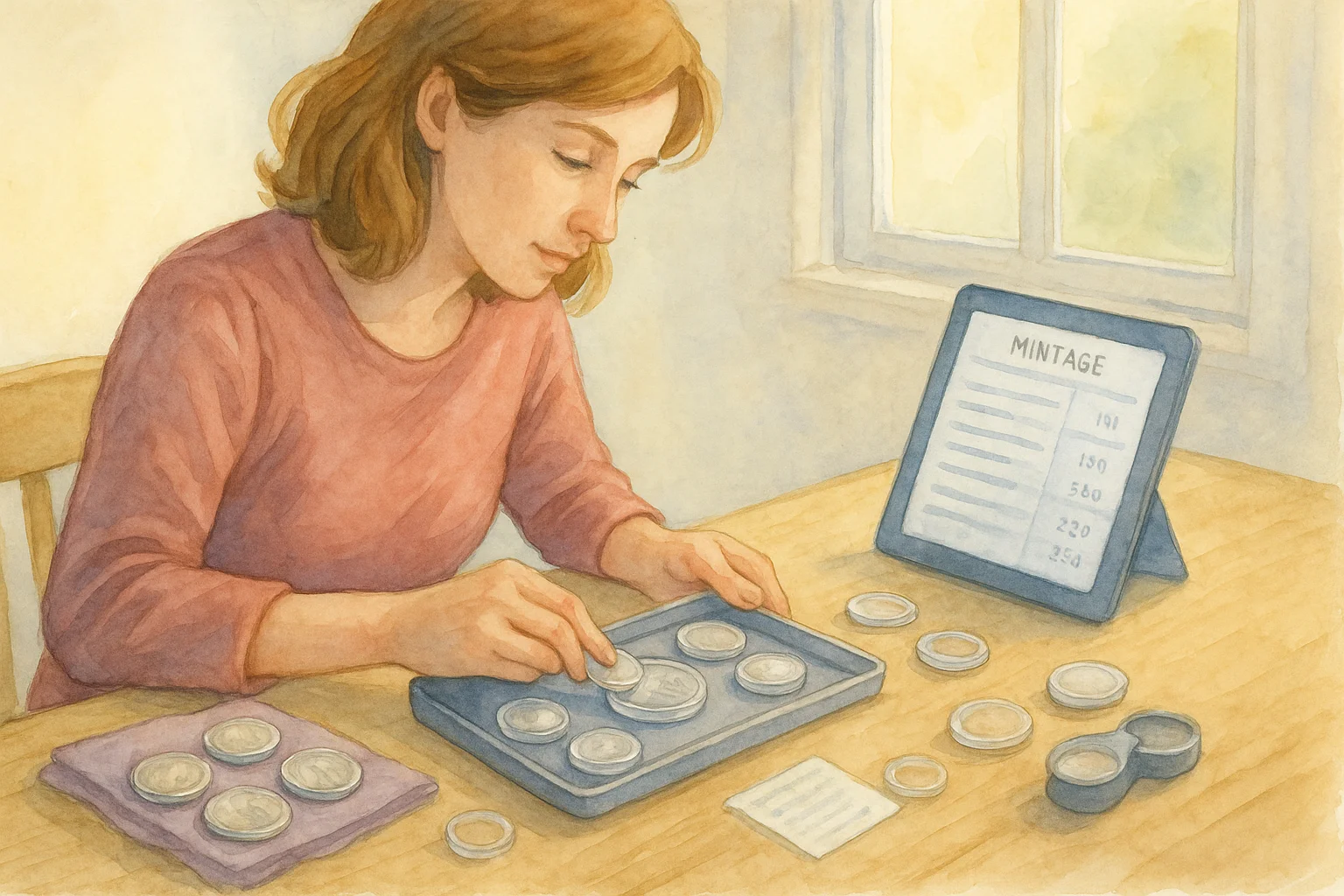 A collector sorts assets while looking at her notes in the coin appraisal app.