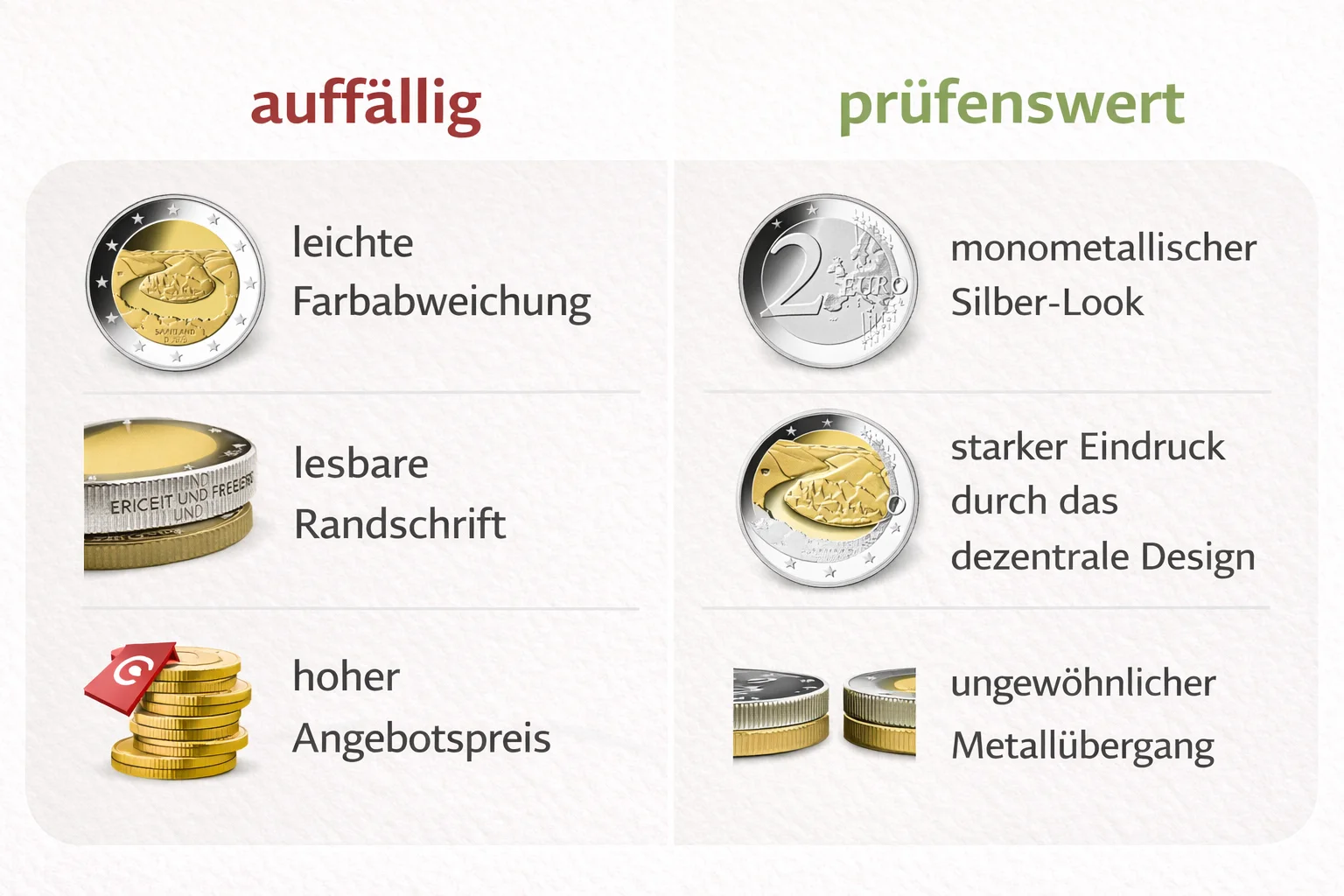 Infografik zu auffälligen und prüfenswerten Merkmalen der 2-Euro-Münze Saarland 2025.